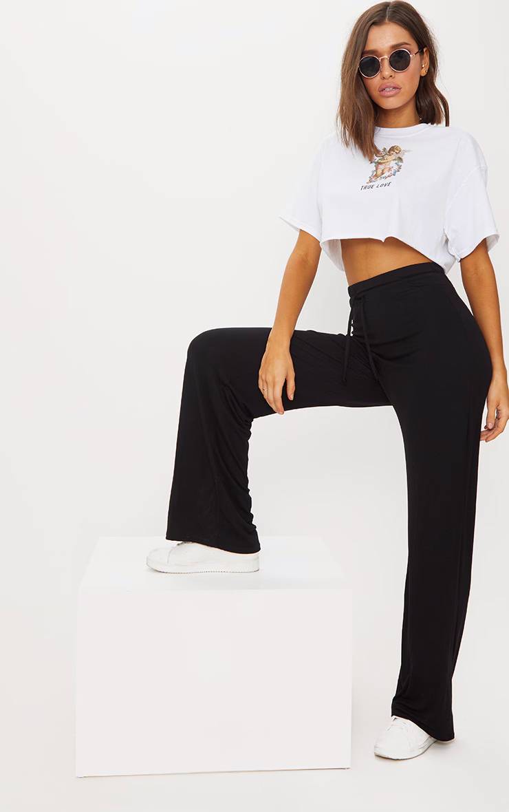 Noir Pantalon Large En Jersey À Cordon De Serrage