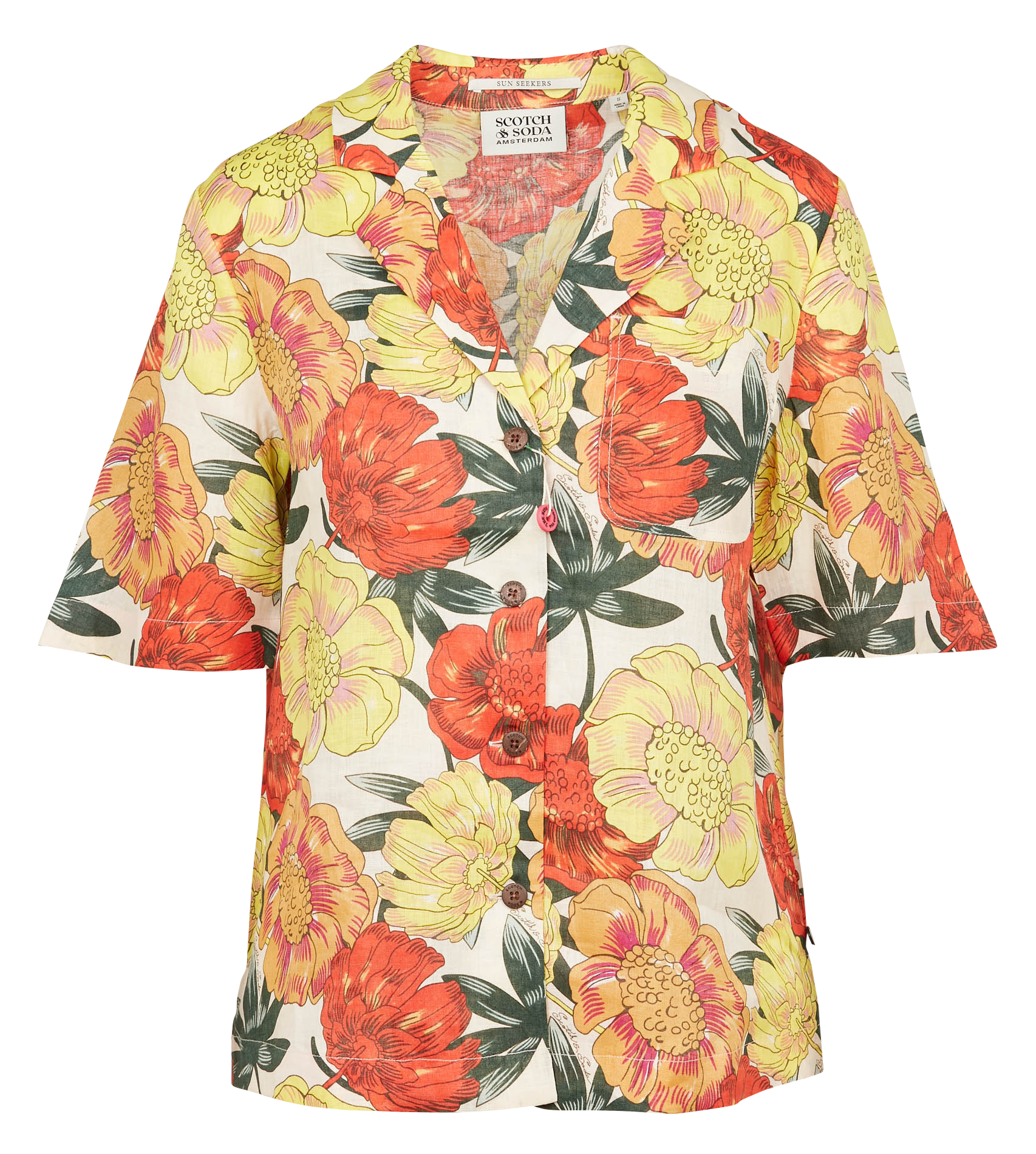 Chemise col tailleur imprimée fleuri en lin|