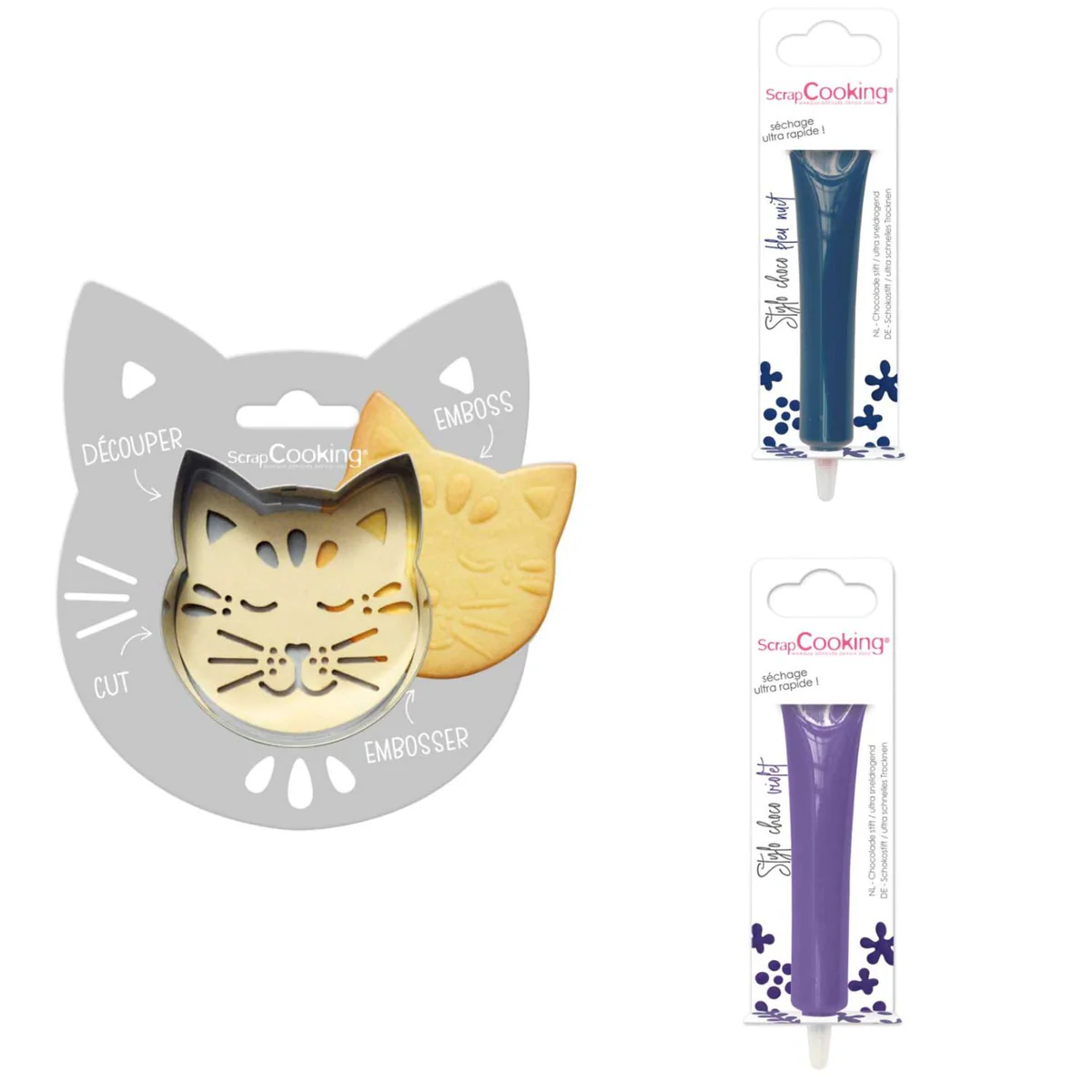 Kit pour biscuit en relief Chat + 2 Stylos au chocolat bleu nuit et vi
