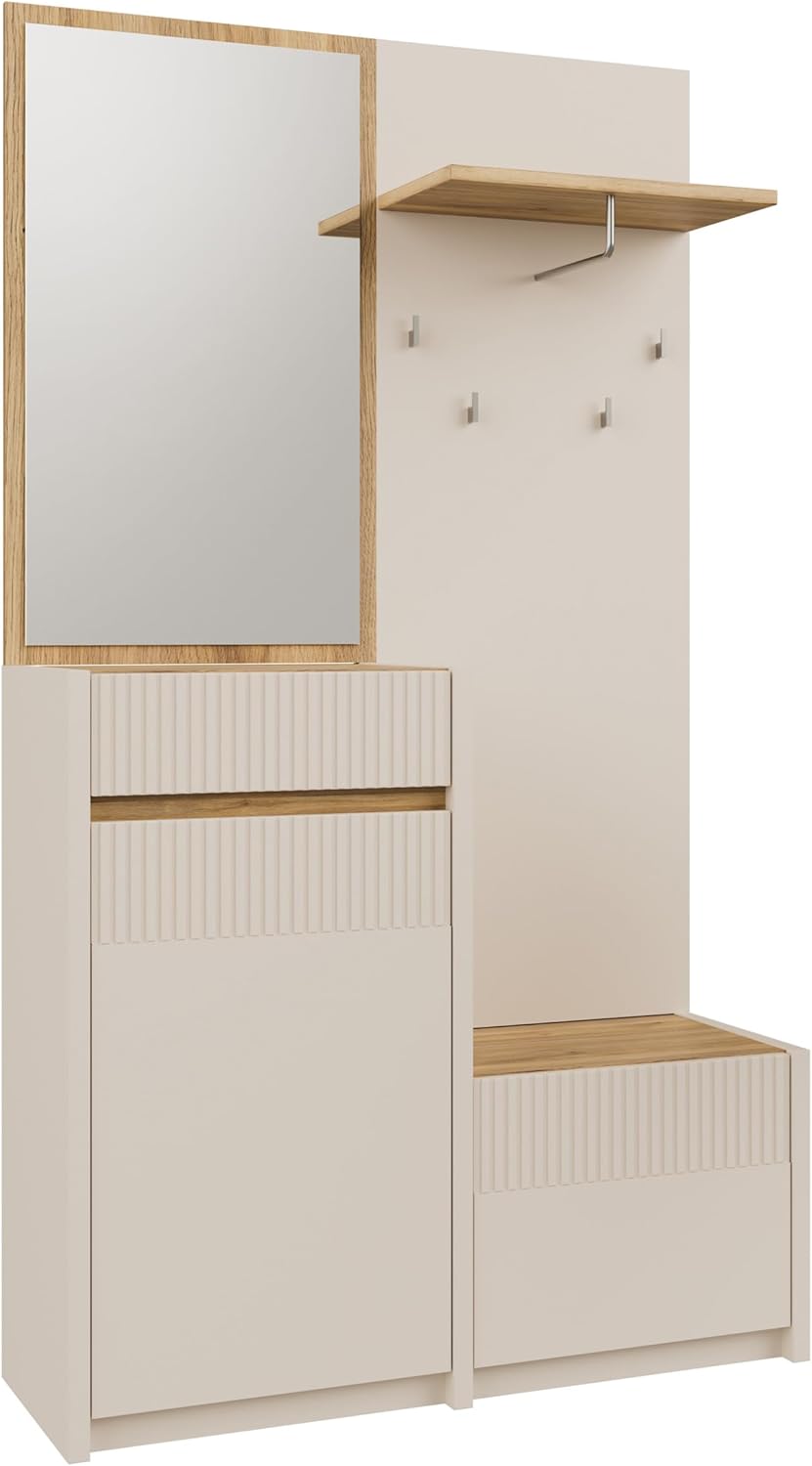 Forte Oak SQUERE Garderobe 100 110, Elegante Garderobe mit Spiegel, Kleiderstange und Aufbewahrung, Holzwerkstoff, Mauvella Eiche Holzdekor/Sand, 108,4 cm breit x 195,9 cm hoch x 41,7 cm tief