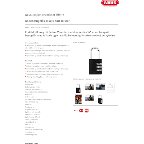 ABUS kodelås 145/30 - sort