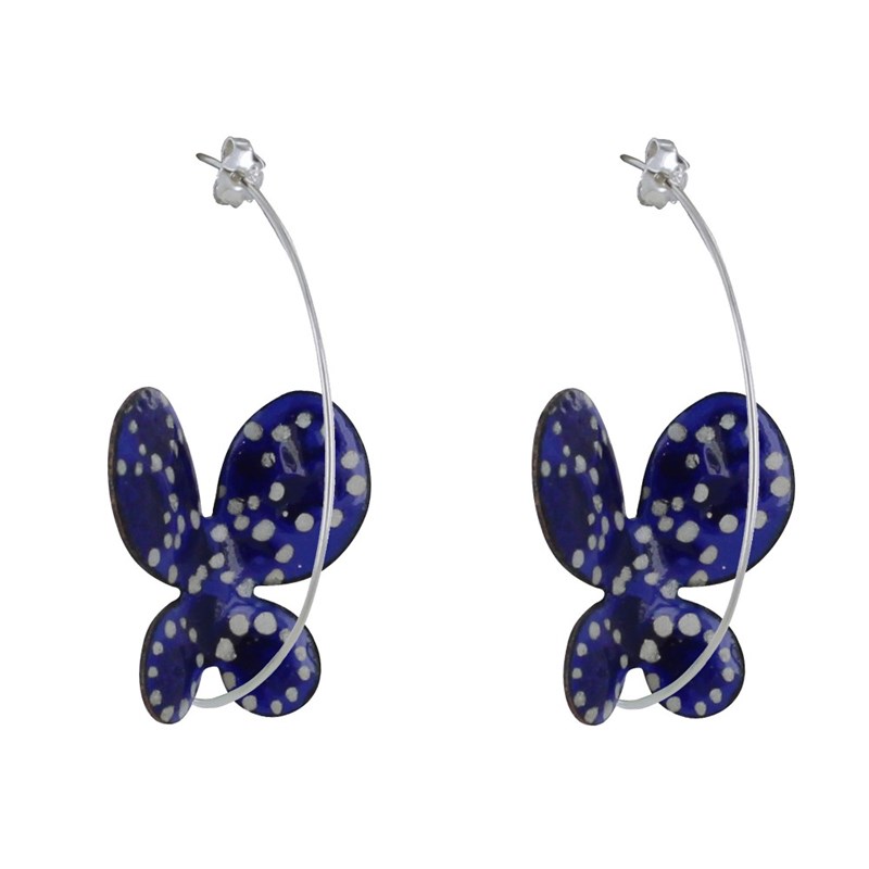 Boucles d'Oreilles Papillons Émaillés Bleus Points Blanc et Bleu Foncé
