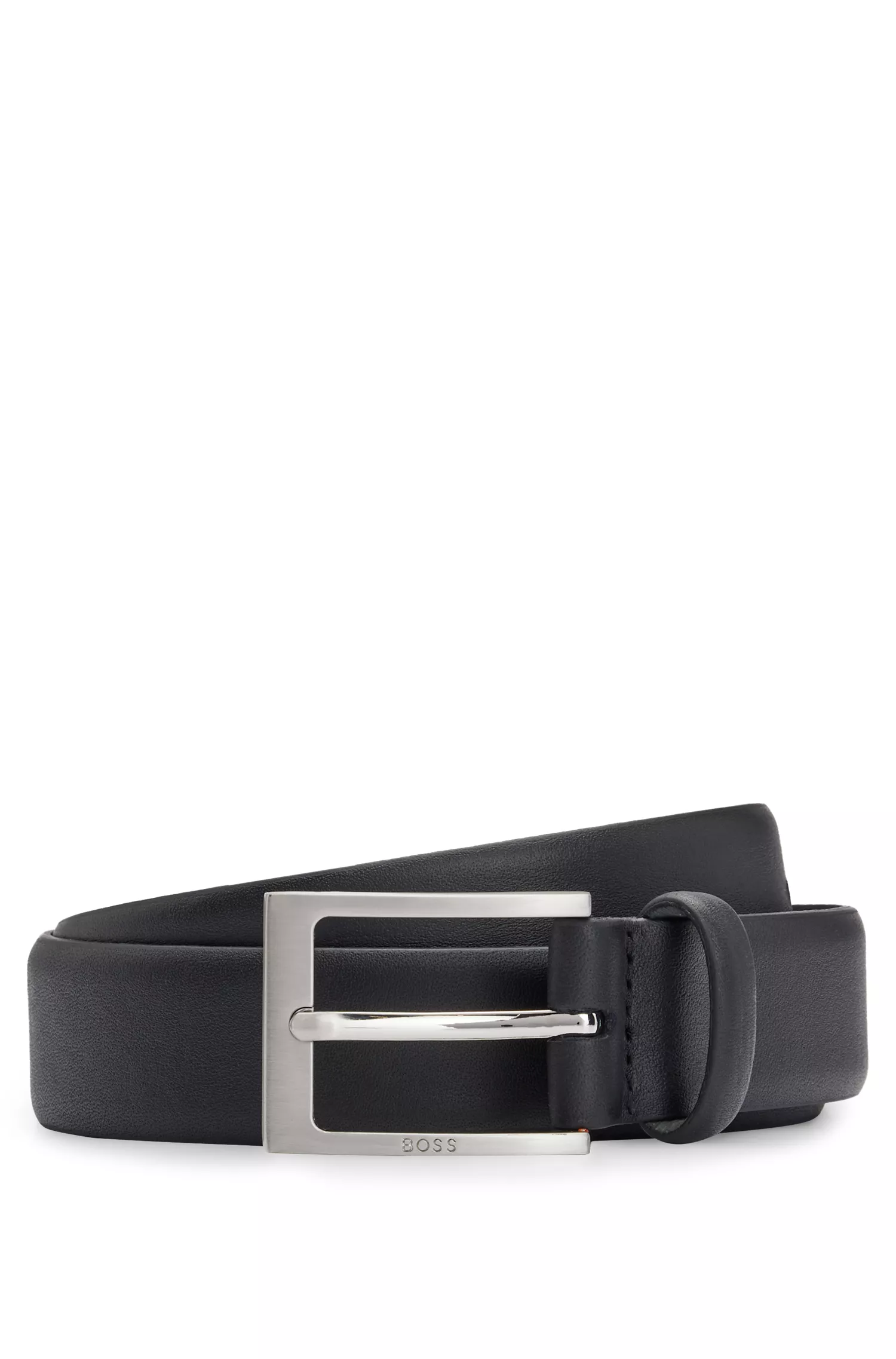 Cinto BOSS em couro napa preto com fivela da marca.