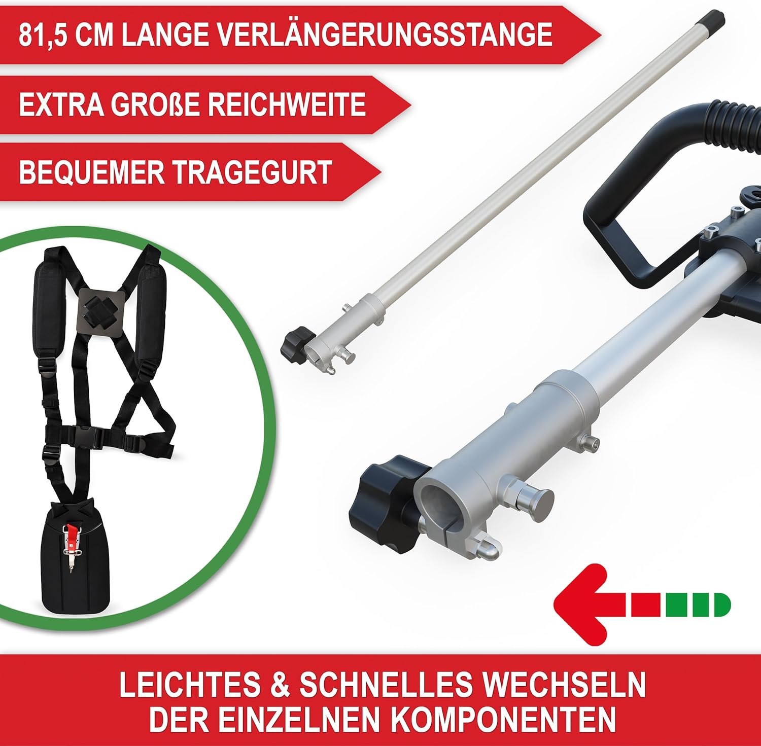 hochwertiges 4 IN 1 Benzin Multifunktionsgerät – Starke 1,9 PS/ 1,4 KW - Freischneider, Rasentrimmer, Heckenschere und Hochentaster in Einem – mit Verlängerung Stange – ergonomischer Tragegurt