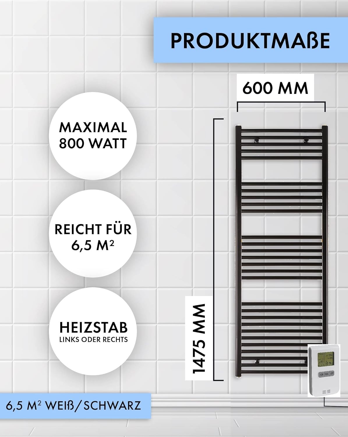 anapont elektrischer Badheizkörper 1475x600 - weiß gerade - Timer-Funktion - Handtuchheizkörper - Badheizung elektrisch - Handtuchheizung - Made in Germany