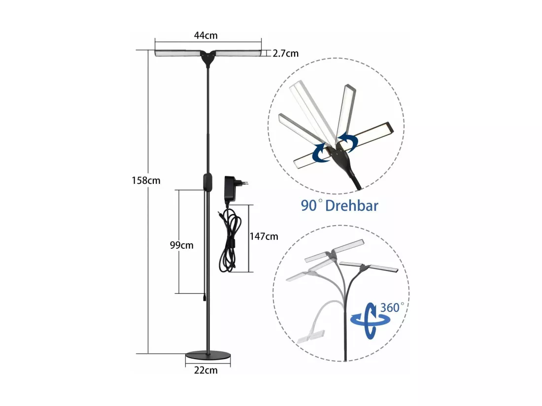 NETTLIFE Lampadaire LED dimmable - Lampadaire de Salon Noir 158 cm Lampadaire Tactile Moderne 9 W avec minuterie et Fonction mémoire Lampadaire