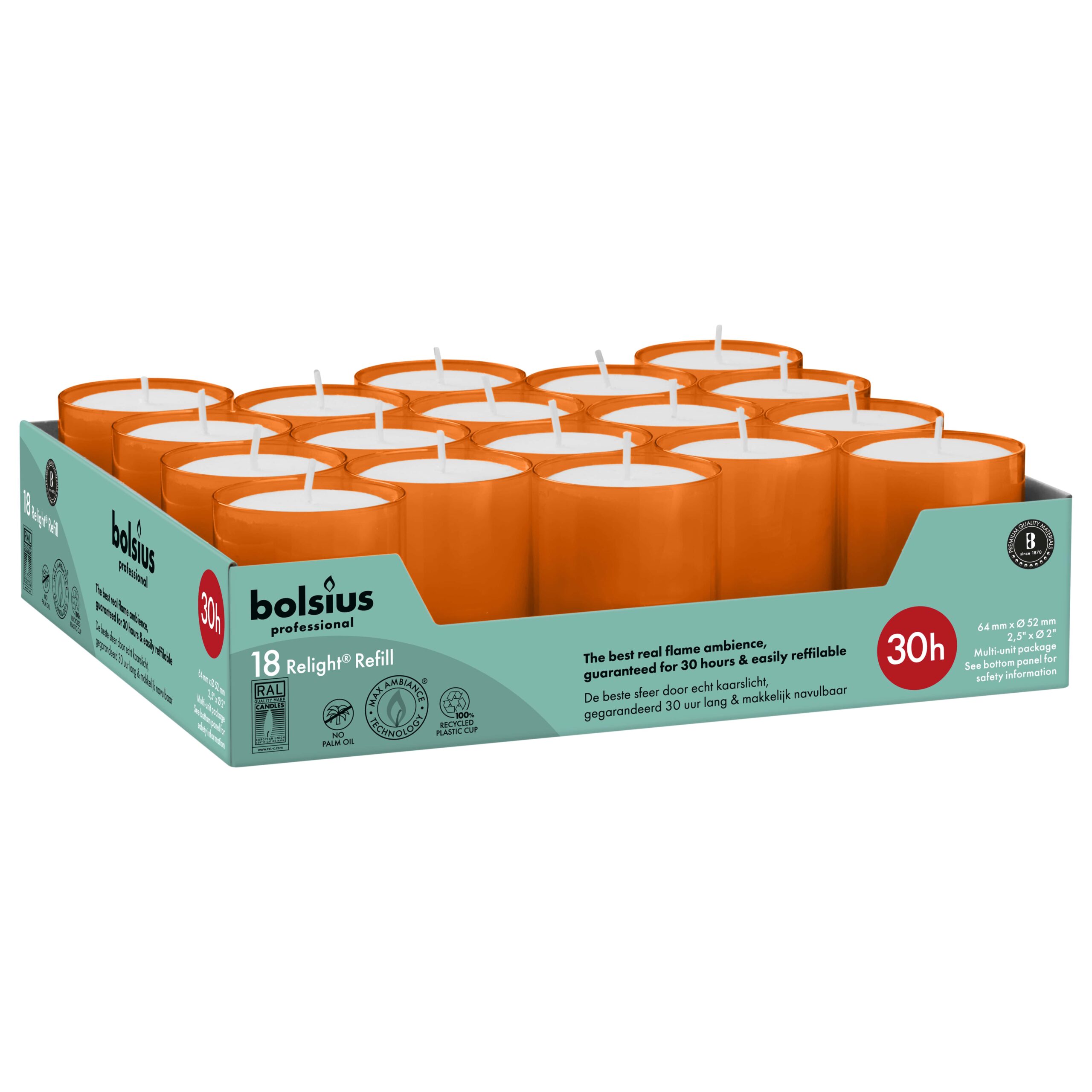 Bolsius Horeca Relight Navullingen 64/52 Oranje (18 stuks)