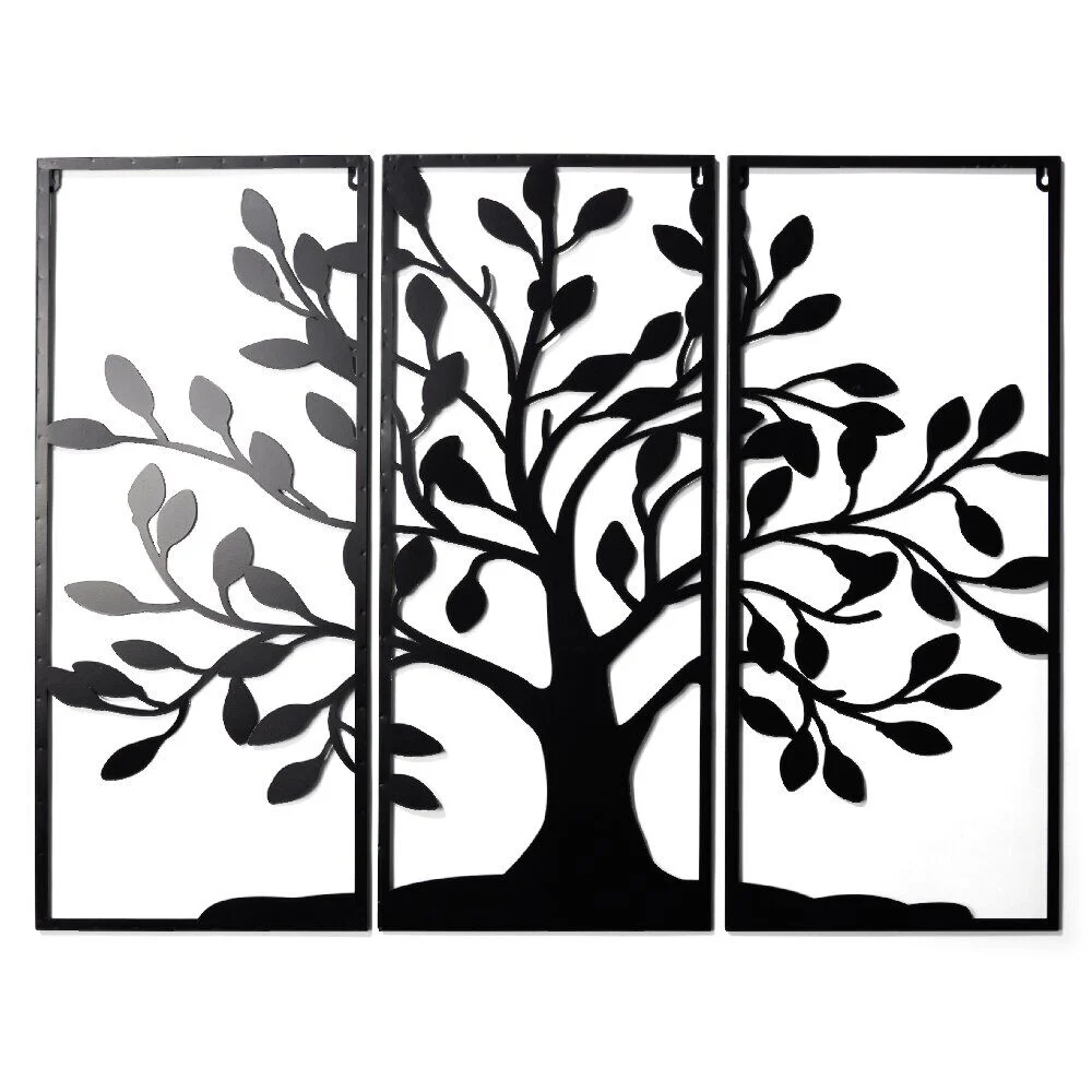 Arbre de vie triptyque décoration murale en métal noir L90xH70cm