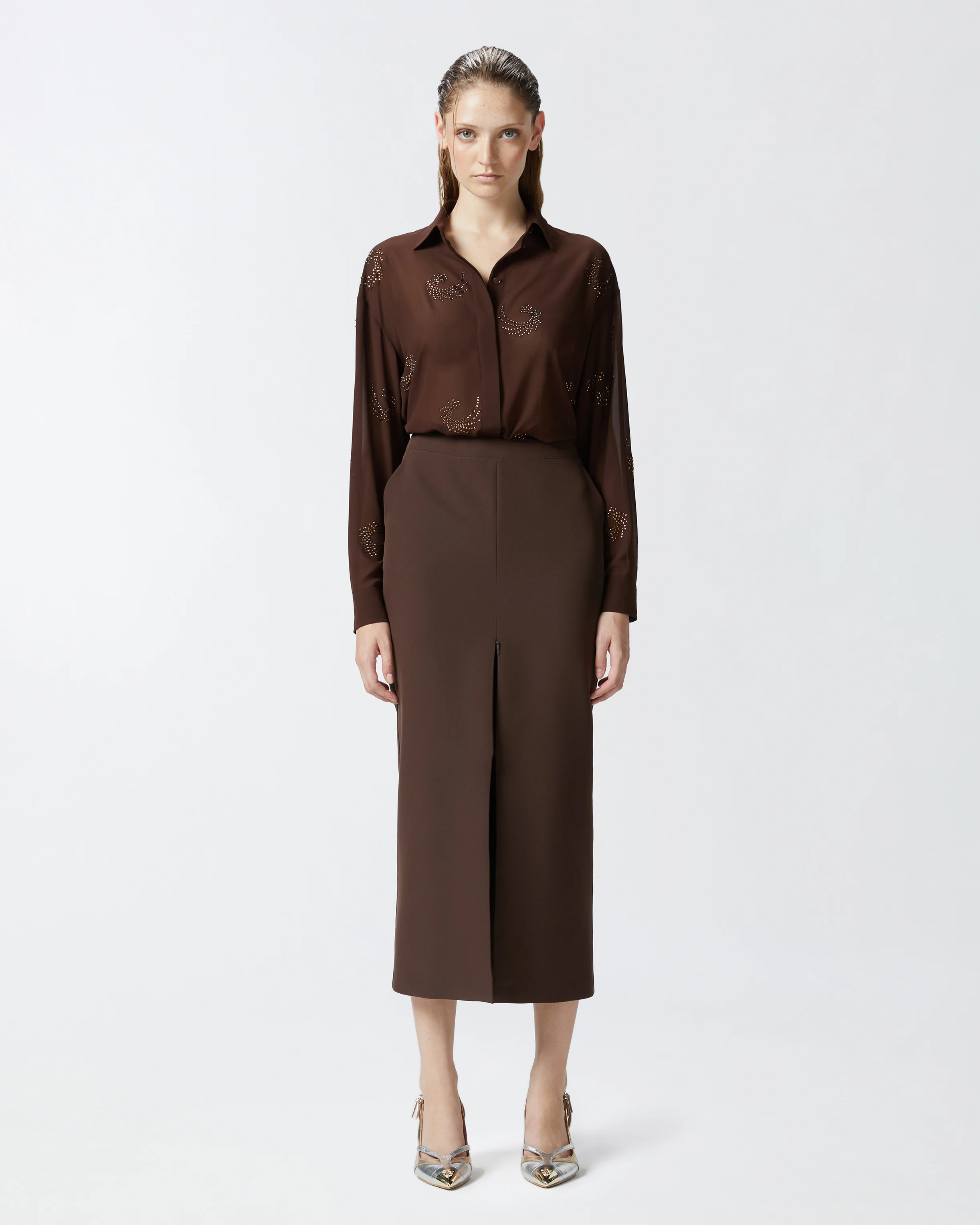 Chemise semi-transparente avec tourbillons de strass | Marron
