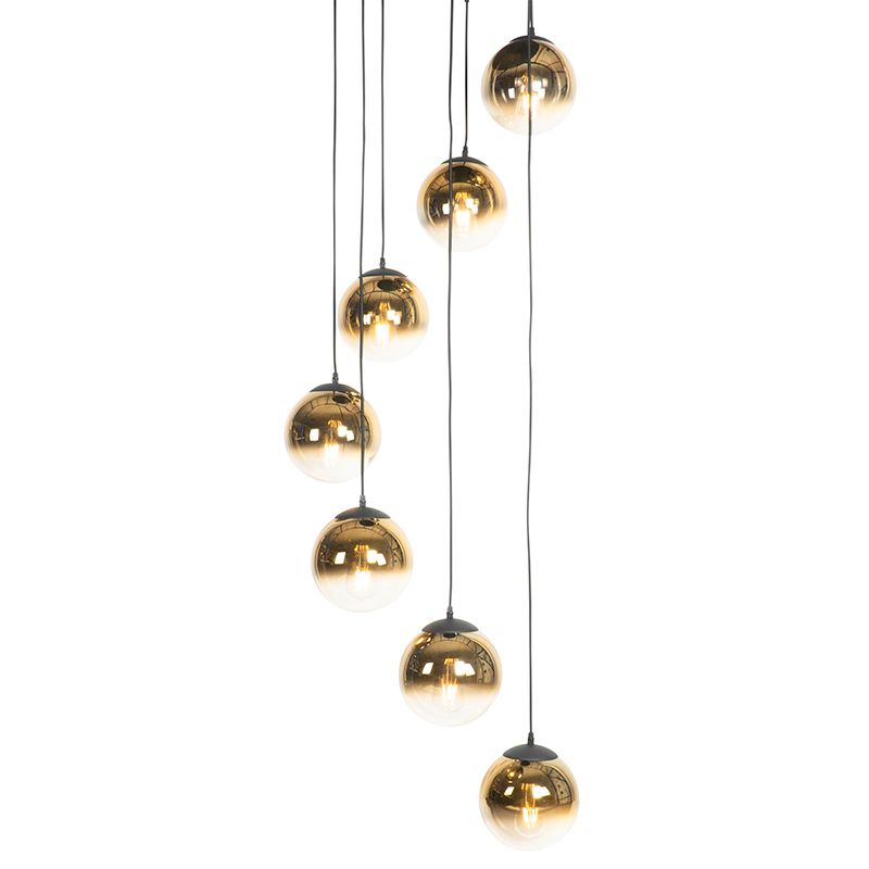 Art deco hanglamp zwart met goud glas 7-lichts - pallon