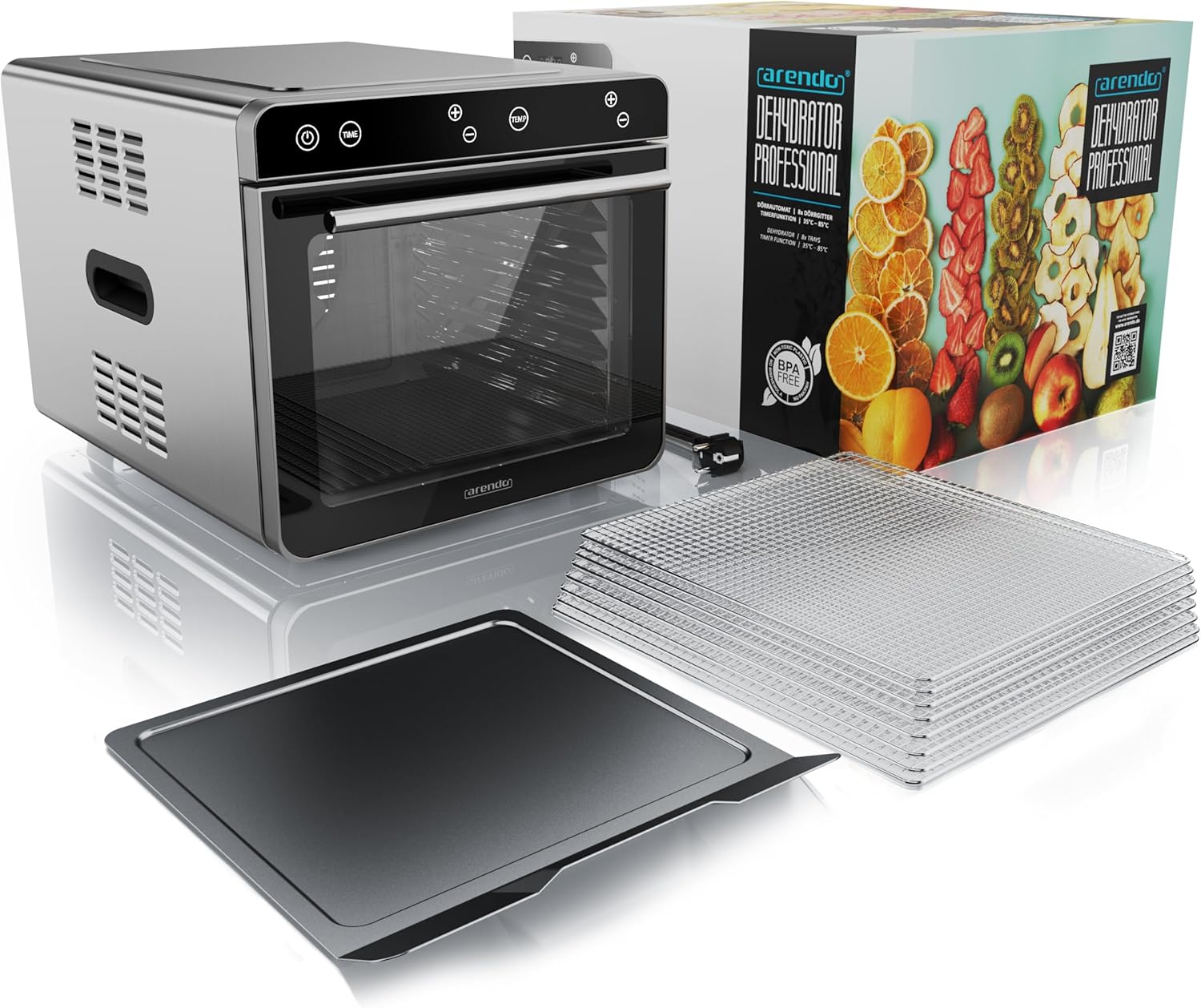 Arendo - Dörrautomat Edelstahl mit 8 Edelstahlgitter - 700 W - 35°-85°C - 8 Edelstahl Einlegetabletts mit insgesamt 6700 cm² - Dörrgerät Dehydrator Obsttrockner Dörrapparat - Obst Fleisch Pilze uvm