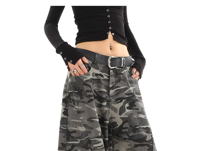 Elyou - Low Rise Camo Print Washed Wide Leg Cargo Pants