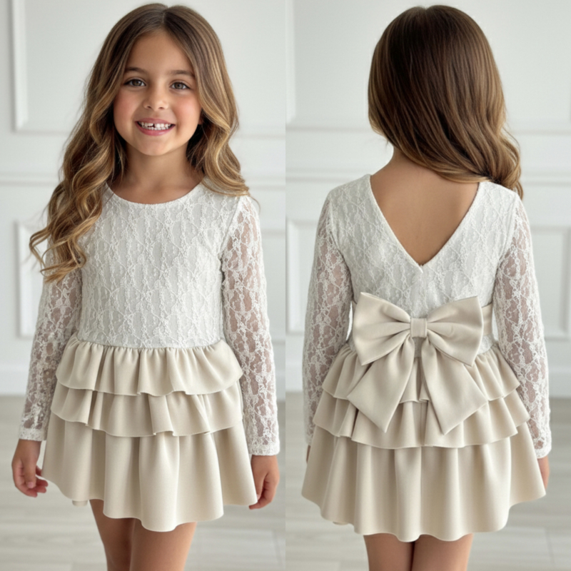 Luna Lace Ruffle Dress - beige