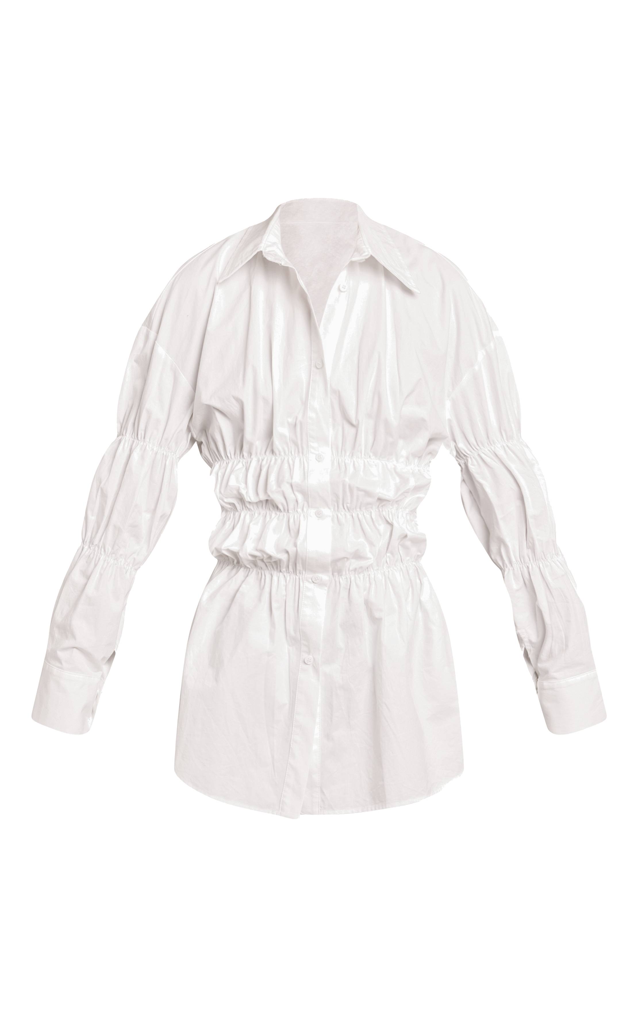 Blanc Robe Chemise Froncée À Manches Longues