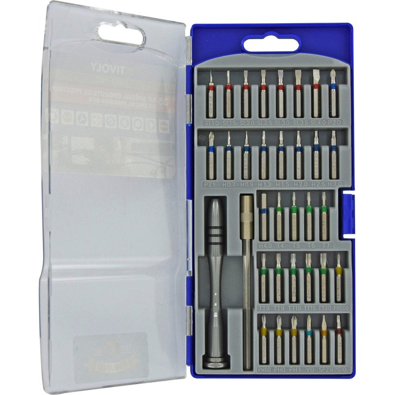 Coffret de vissage de précision Tivoly Technic 35 pièces : Embouts + tournevis + porte-embout magnétique