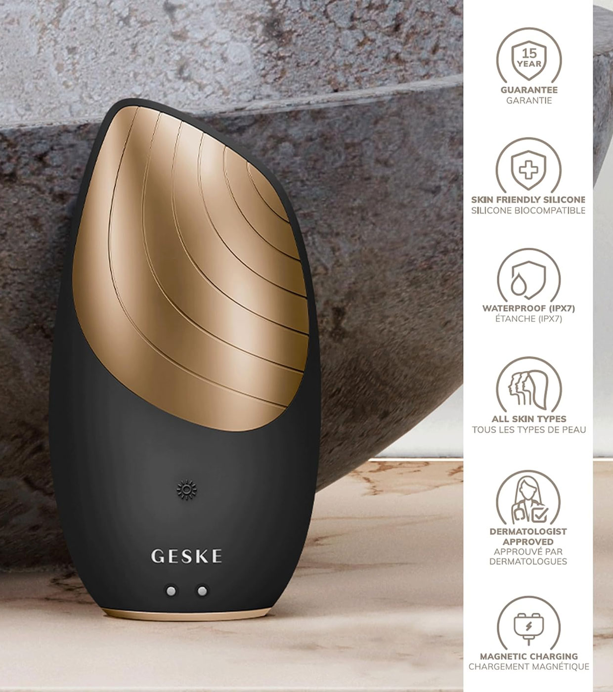 GESKE - Escova de Limpeza Facial e Massageadora Sonic Thermo 6 em 1 - Ouro Preto