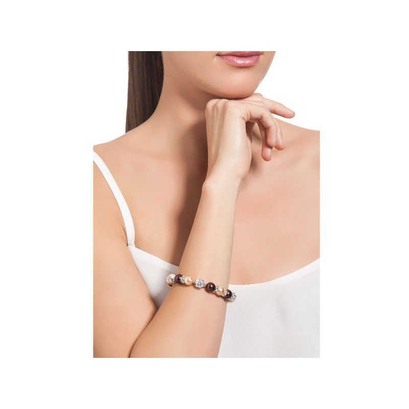 Bracelet 1 Rang en Perles Marron, Cristal et Plaqué Rhodium