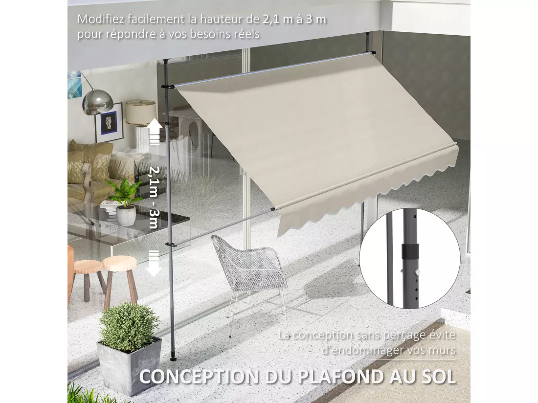 Store banne autoportant manuel inclinable rétractable 3 x 1,2(avancée) x 2,1-3H.m aucun perçage sable