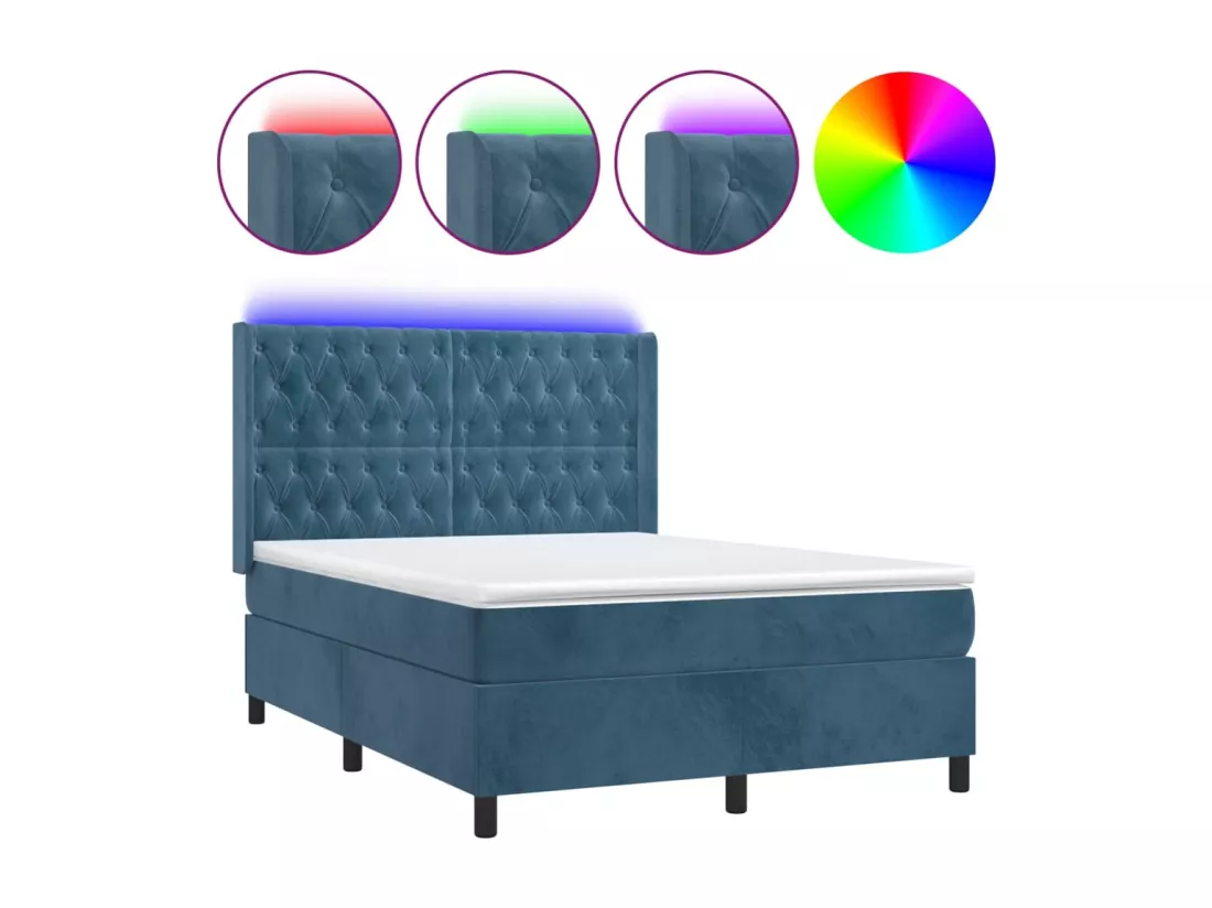 Sommier tapissier matelas et LED Bleu foncé 140x190 cm Velours