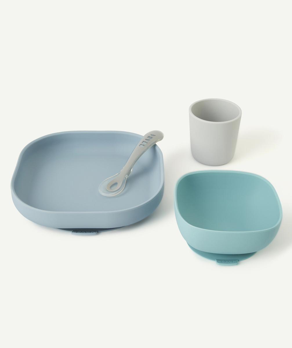 BEABACOFFRET REPAS EN SILICONE AVEC VENTOUSE BLEU 4M+
