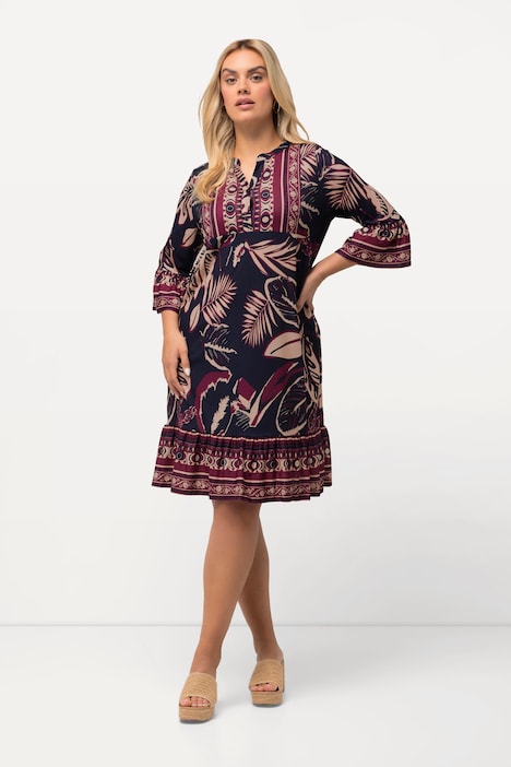 Minikleid, Blätter, A-Linie, V-Ausschnitt, 3/4-Arm