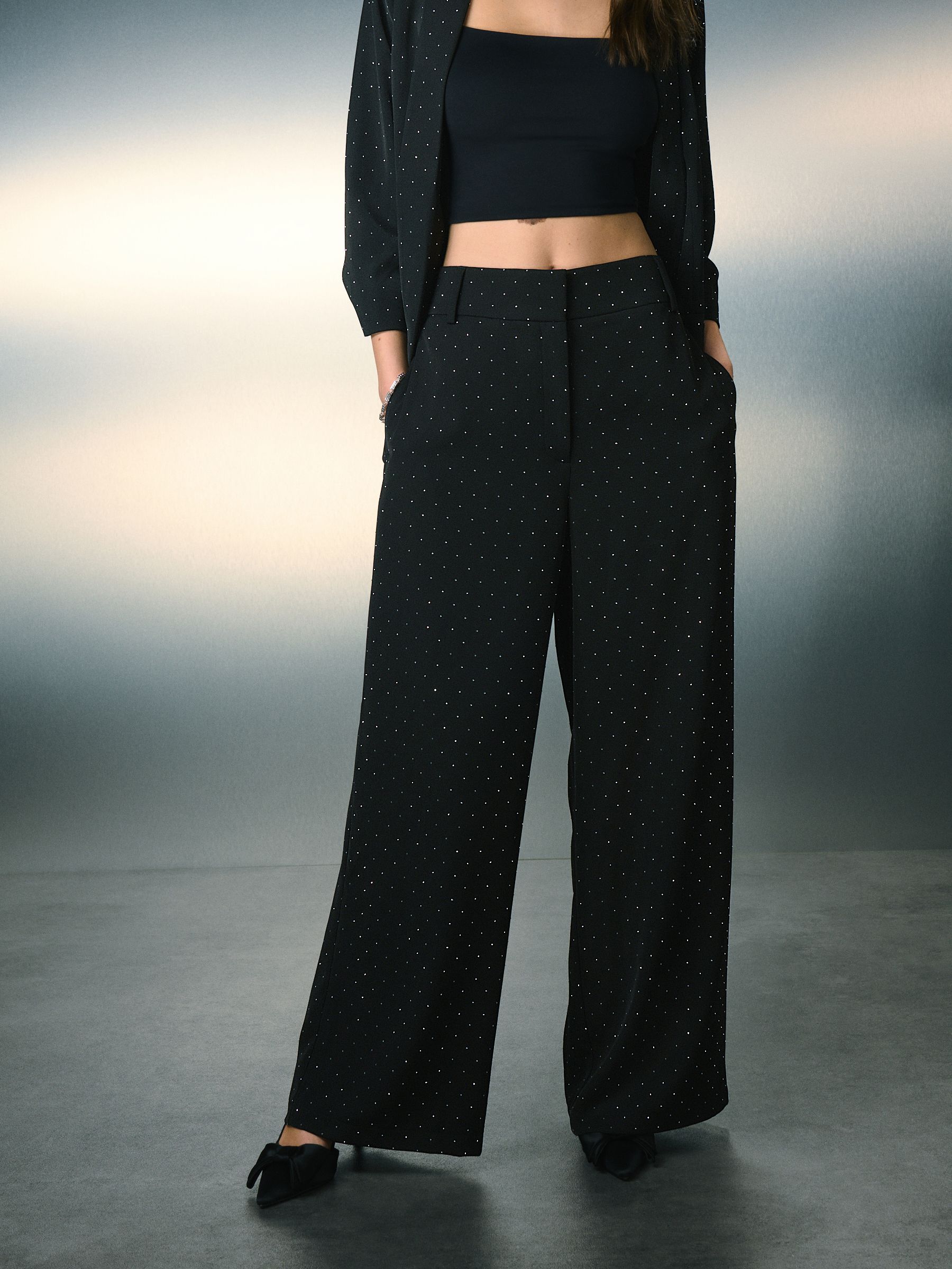 Zwart - Sparkle Stud Embellished Wide Leg Trousers