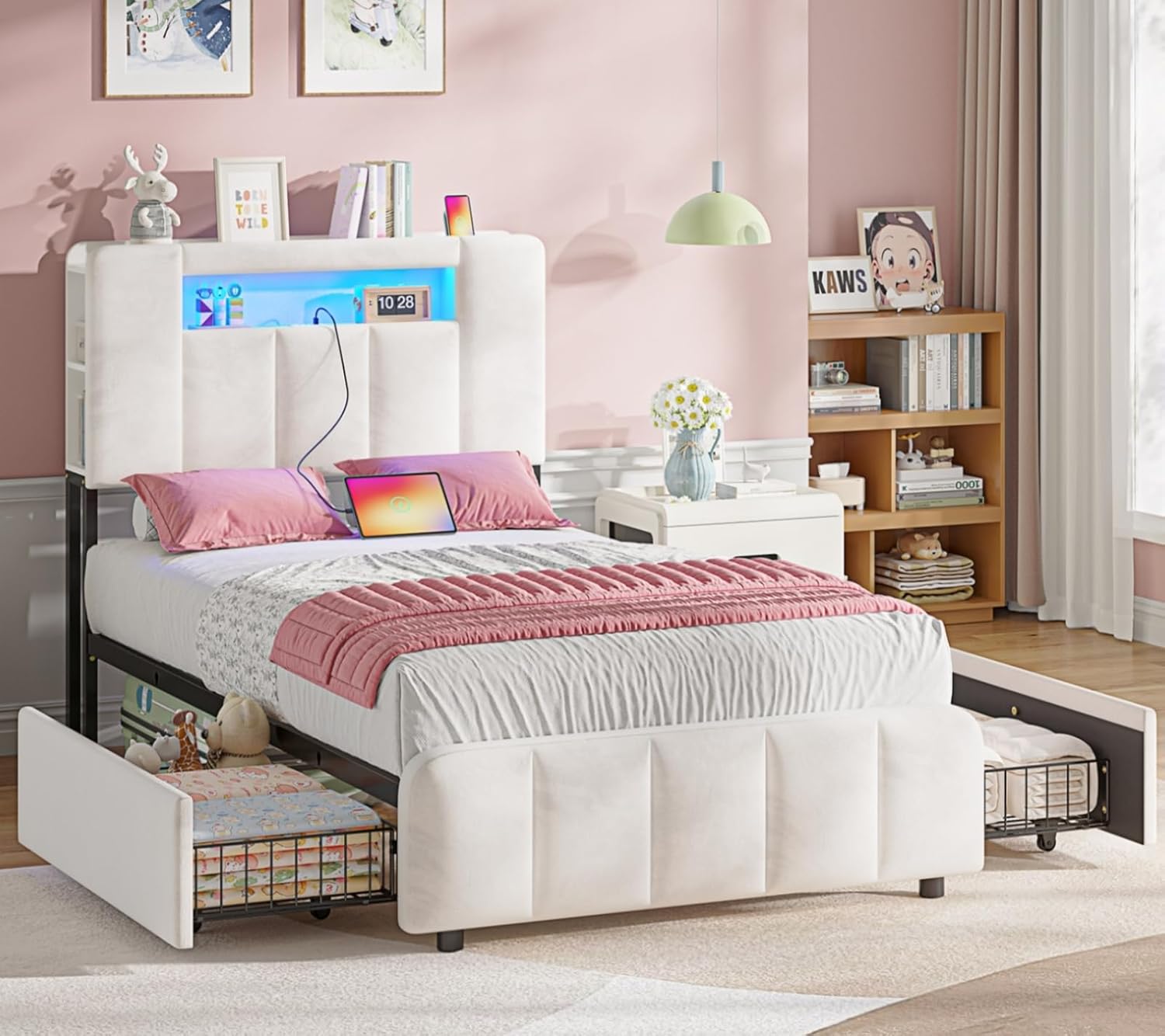 AOGLLATI Polsterbett 90x200 cm mit 2 Schubladen Bett 90x200 mit Stauraum Jugendbett mit LED-Beleuchtung und Ladestation Einzelbett mit Multifunktionales Kopfteil-Ohne Matratze,Beige Samt