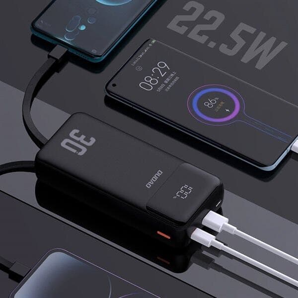 Powerbank 30000mAh med hurtig opladning og indbyggede kabler – sort