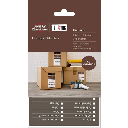 Avery Zweckform 62012 Umzugs-Etiketten, 97 x 148 mm, 6 Etiketten, 3 Farben pro Packung