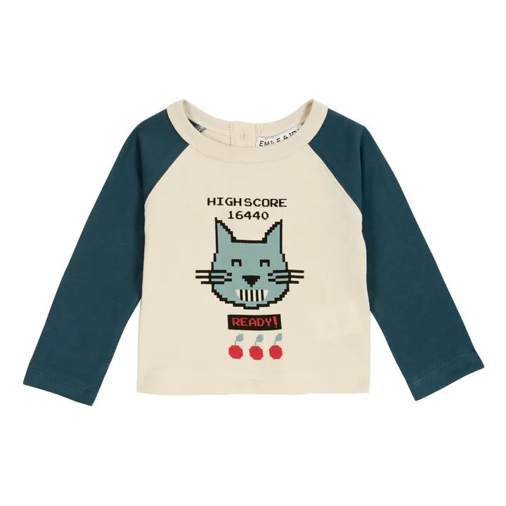 Emile et Ida T-Shirt Coton Bio Bicolore Chat | Ecru