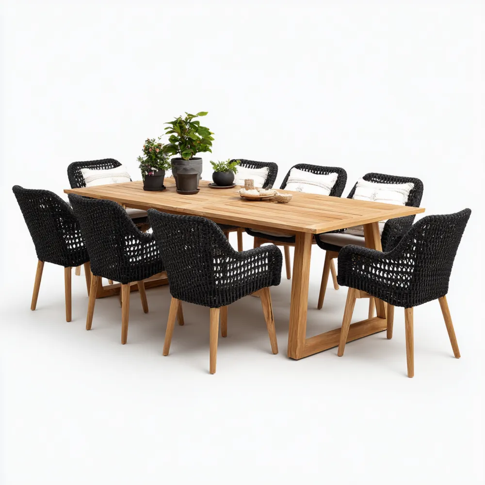 Garten-Esstisch-Set Teakholz und Geflecht 200x100 cm – Schwarz/Natur –