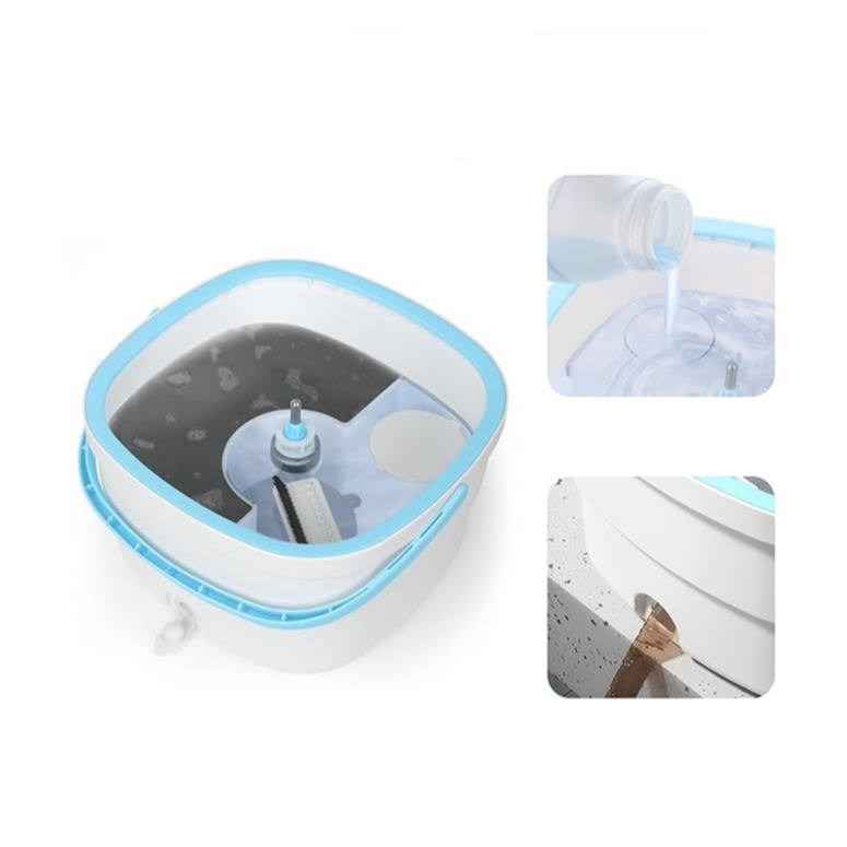 (5-tlg. Set) Dreh Wisch Mopp Bodenreiniger mit Auswringfunktion / Doppelkammer Eimer / Mikrofaser Pads - Weiss / Blau