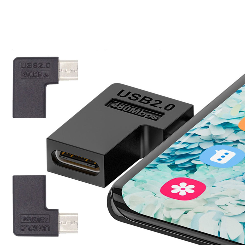 (4er Set) Micro USB (m.) auf USB C (w.) 90° Grad Winkel Verlängerungs Adapter Konverter - Schwarz