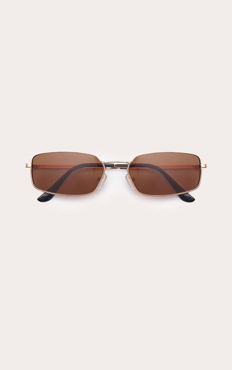 Doré Lunettes De Soleil Rectangulaires En Métal Monture Dorée Verres Marron