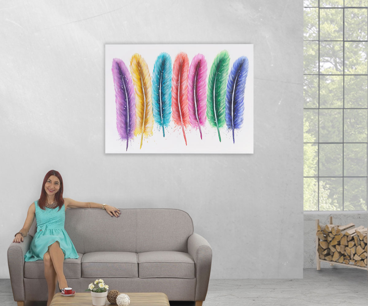 Wandbild Federn, 100% handgemaltes Ölgemälde Gemälde XL, 120x90cm