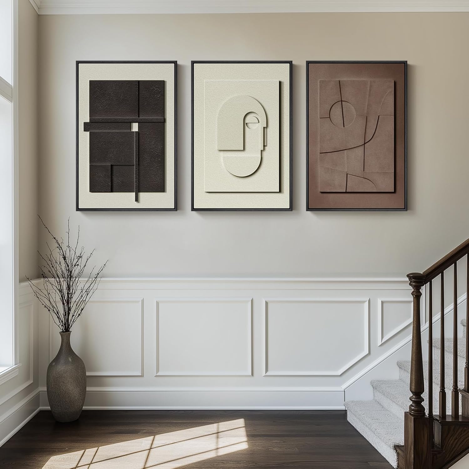 Large 3D Textured Framed Abstract Wall Art for Living Room, 3 Piece Modern Paintings Artwork for Walls, Black White Brown Geometric Sandstone Texture Pictures for Hallway Office Wall Decor 24x36 In