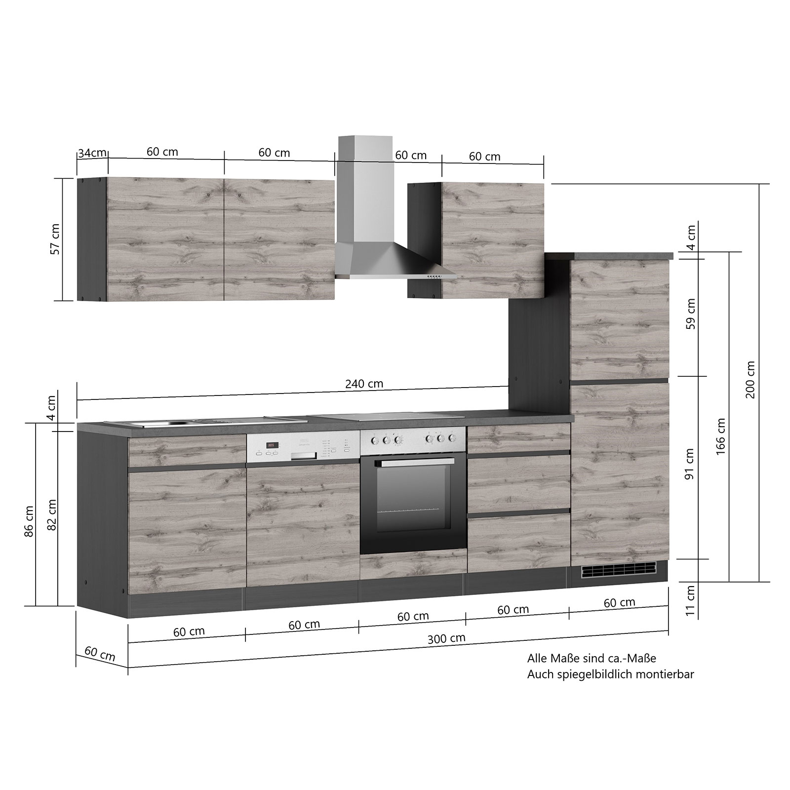 Küchenblock TURIN - Wotan Eiche-graphit - mit E-Geräten - 300 cm