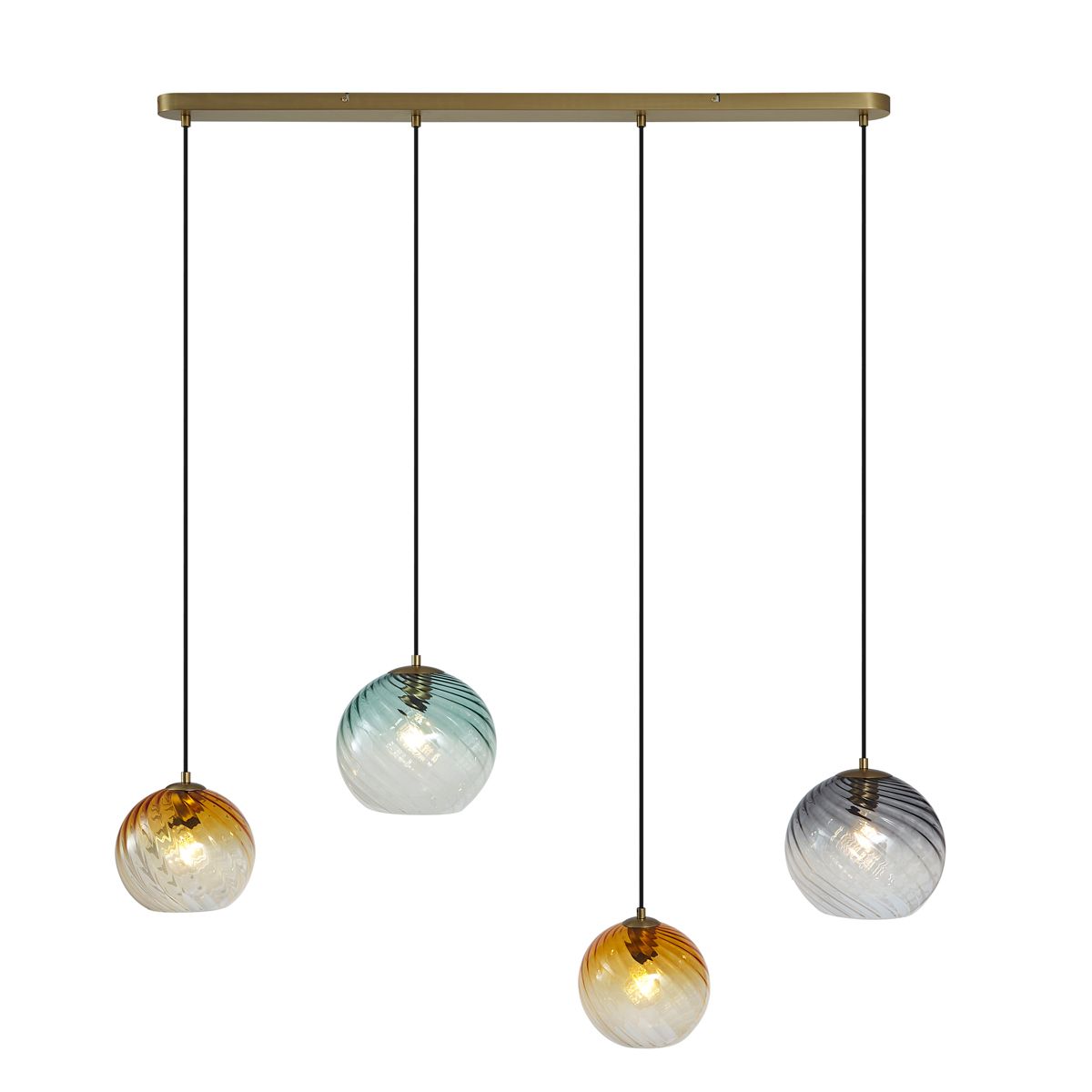 Hanglamp brons met smoke amber en groen glas langwerpig 4-lichts - Bao