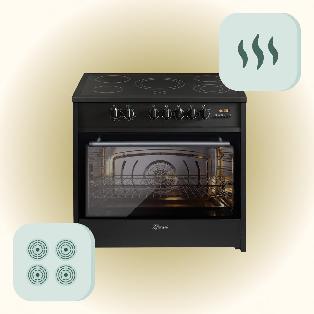 Elektro Standherd GCH E 912 BL Herd 90 cm Schwarz Glaskeramik Herd Range Coocker 121 L | 8 Funktionen | Heißluft | Grill | Elektro Herd 5 Hi-Light Zonen Kochfeld | Teleskopauszug