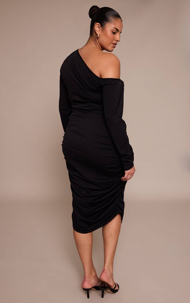 Noir Robe Mi-longue Grande Taille Sculptante À Épaule Dénudée Et Fronces