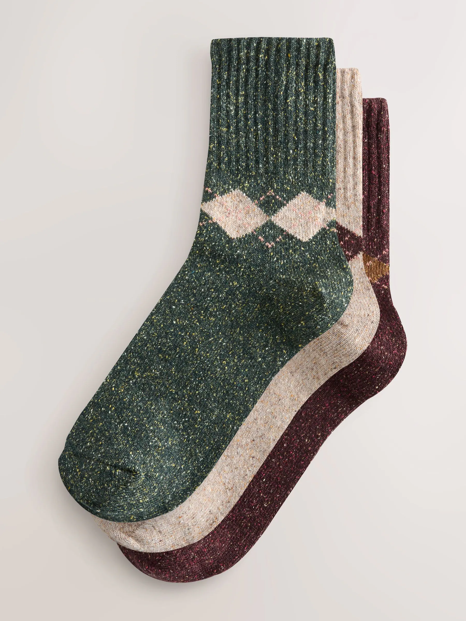 Bessen/Groen/Naturel argyle-patroon - Thermische enkelsokken van wol-zijdemix verpakking van 3