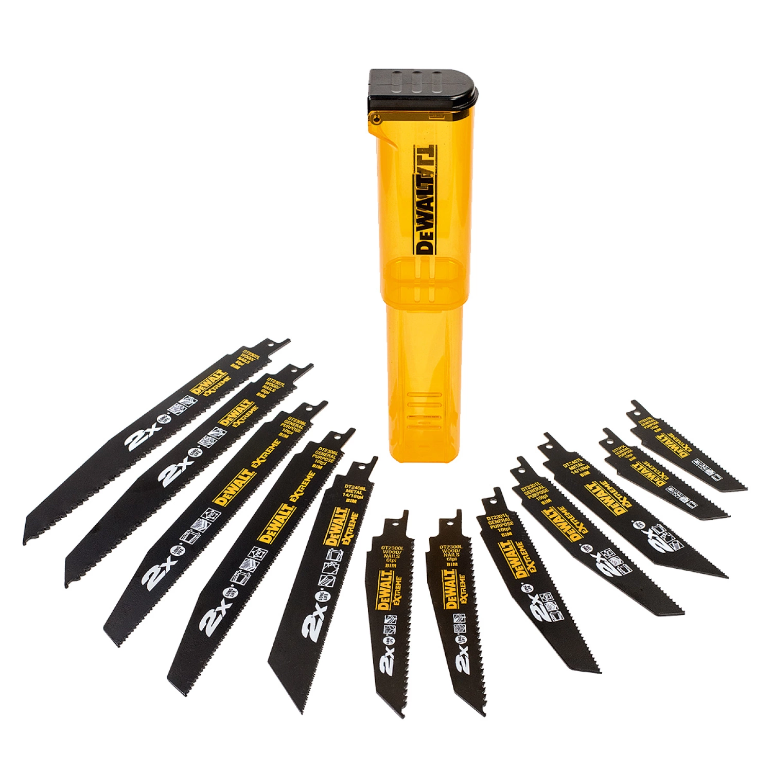 DeWALT DT2441L 12 delige Reciprozaagbladen set in koker - Hout/Metaal/Hout met spijkers