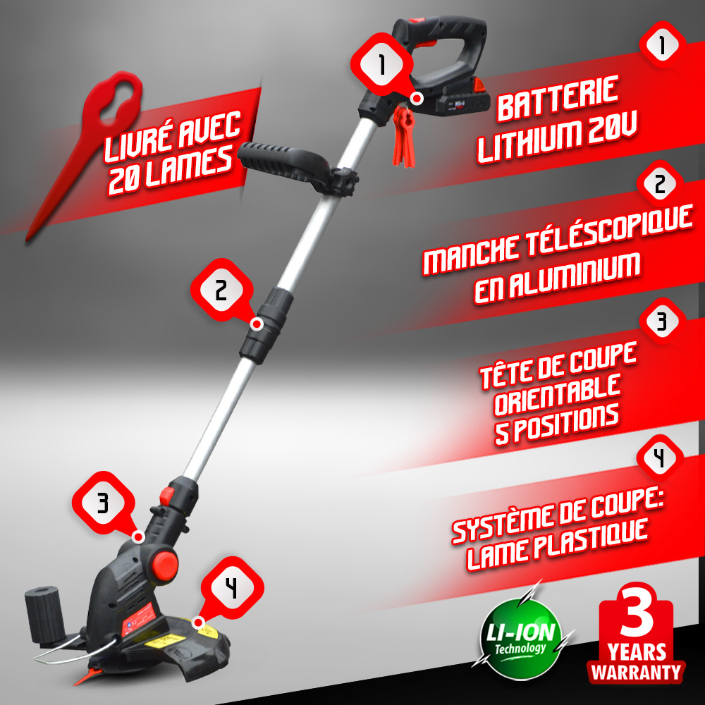 Coupe bordures sans fil 20v batterie lithium 2000mah - 25cm - elem garden