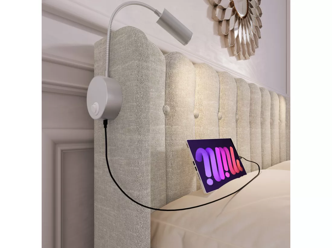 Lit coffre capitonné avec LED et Ports de charge USB - 160x200cm - tissu en lin - avec sommier à lattes - Beige