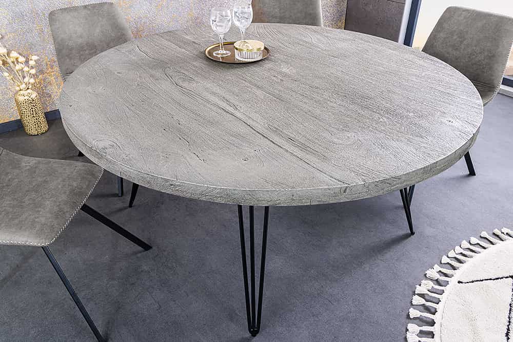 Runder Esstisch SCORPION 120cm grau Mangoholz massiv schwarze Metallbeine Hairpin Legs