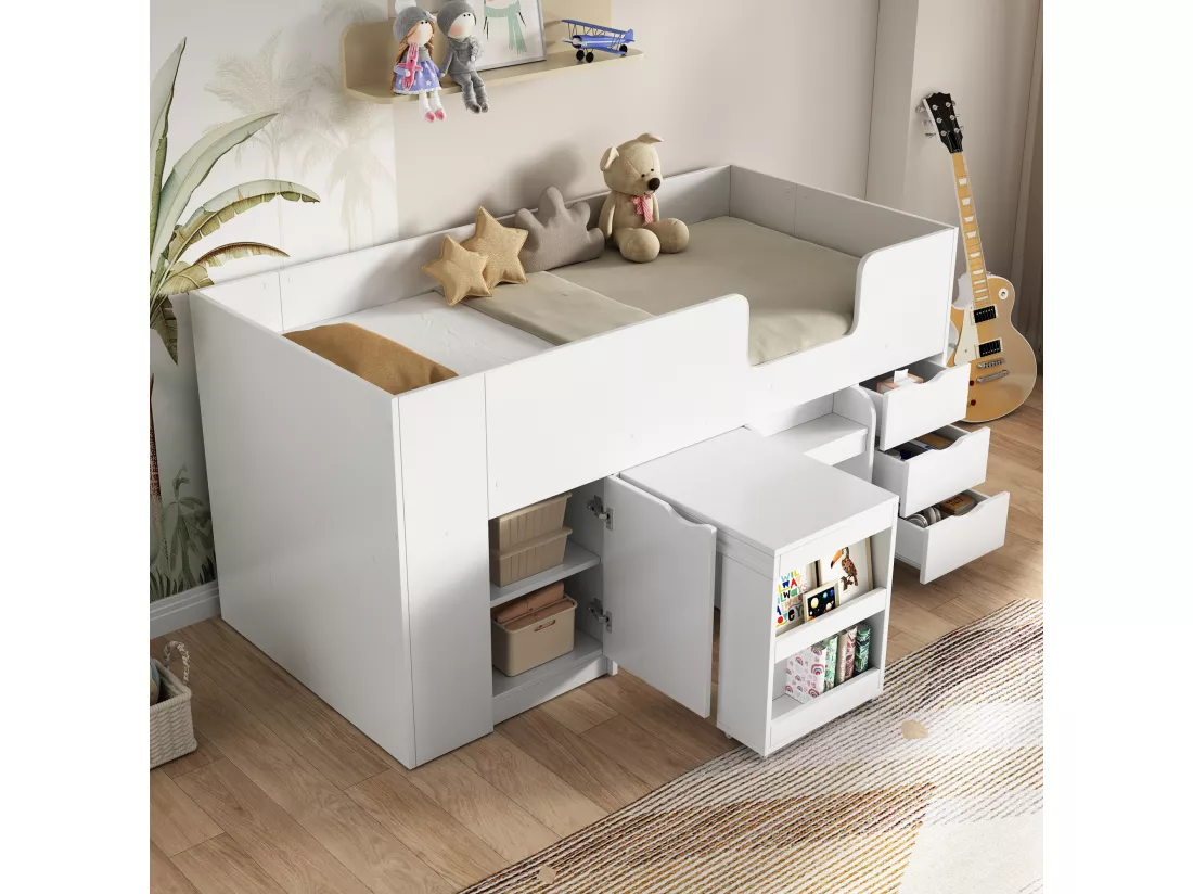 Lit mezzanine 90 x 200 cm avec bureau coulissant, 3 tiroirs et 1 porte - Bois MDF - Blanc (sans matelas)