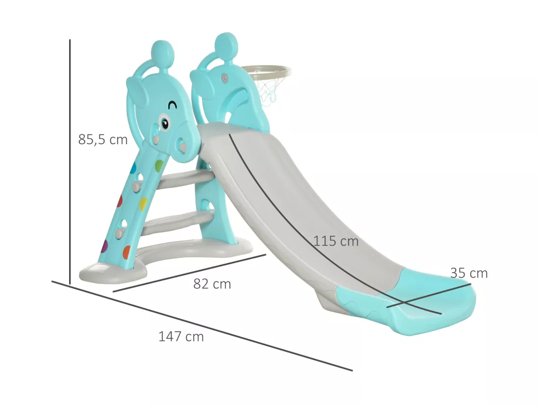 Toboggan enfant avec panier de basket-ball usage intérieur et extérieur dim. 140 x 87 x 75 cm bleu et gris