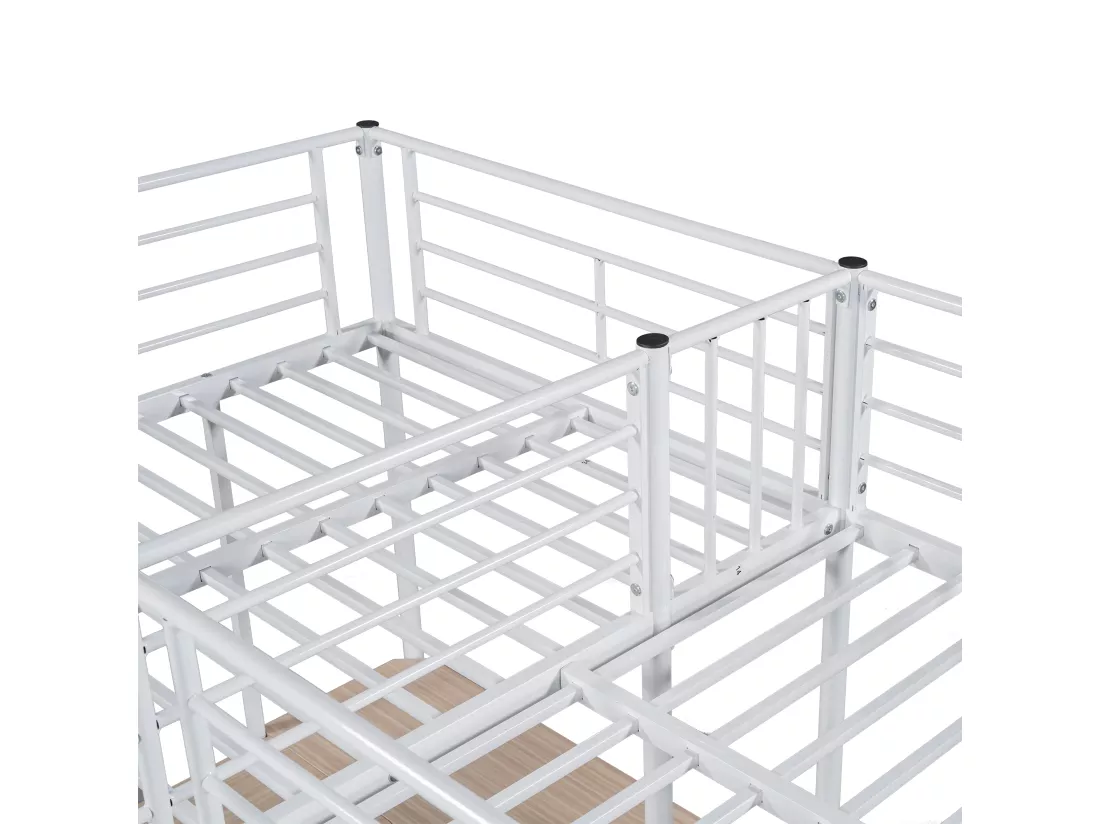 Lit mezzanine 2 places - 2 x 90 x 200 cm - avec bureau d'angle et échelles - métal - blanc