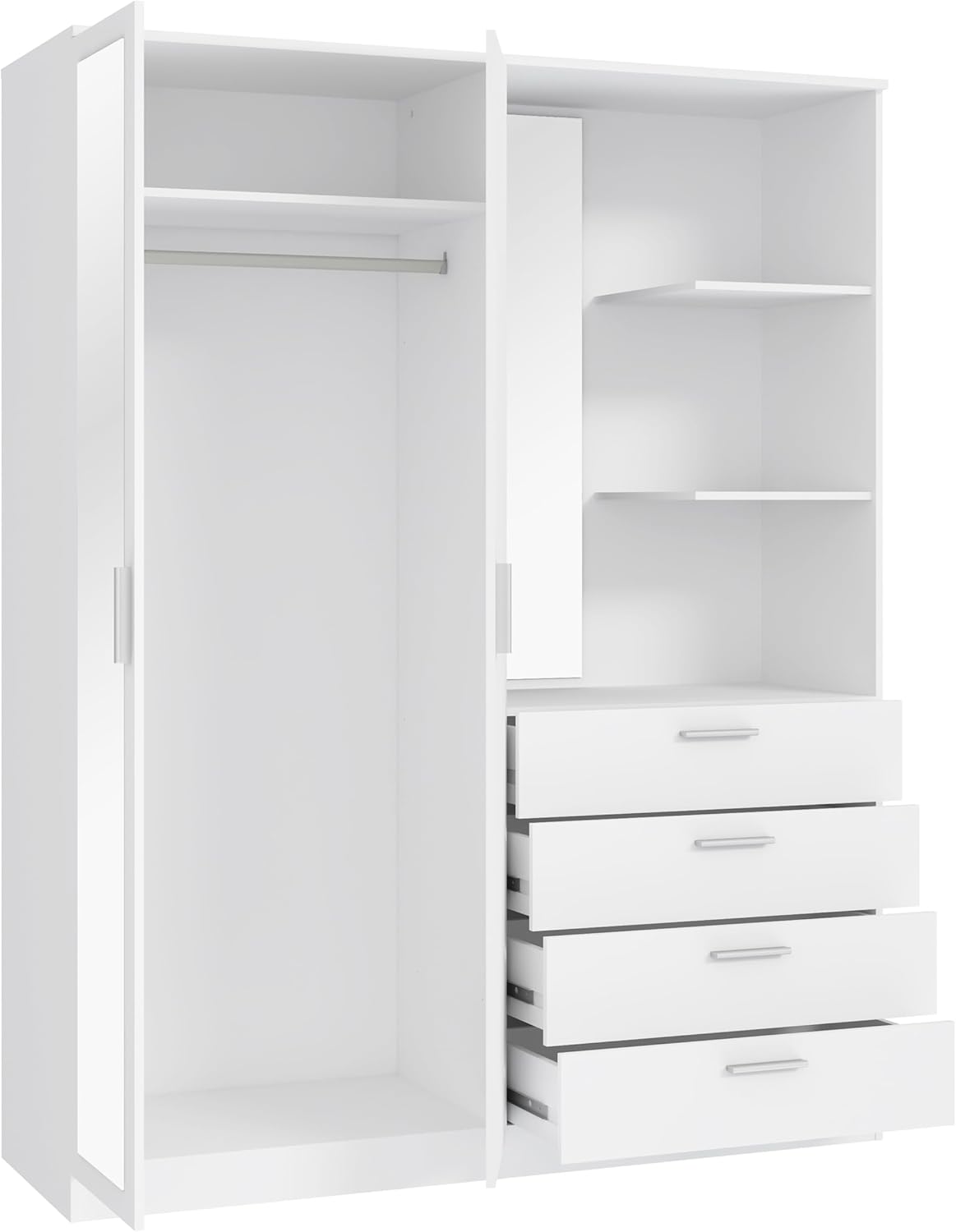 Forte DEWANIA Kleiderschrank 160, Schrank mit offenen Regalfächern und Spiegel, Holzwerkstoff, Weiß, 159,3 cm breit, 203,4 cm hoch, 52,7 cm tief