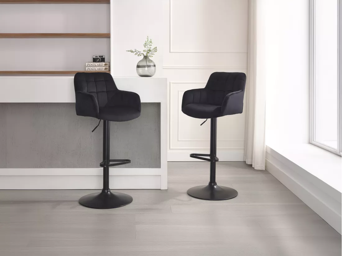 Lot de 2 tabourets de bar en velours et métal - Hauteur réglable - Noir - PEGA de Pascal MORABITO
